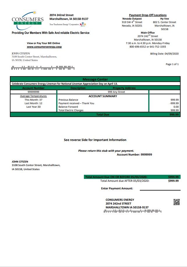 USA Iowa Consumers Energy utility bill template in Word and PDF format
